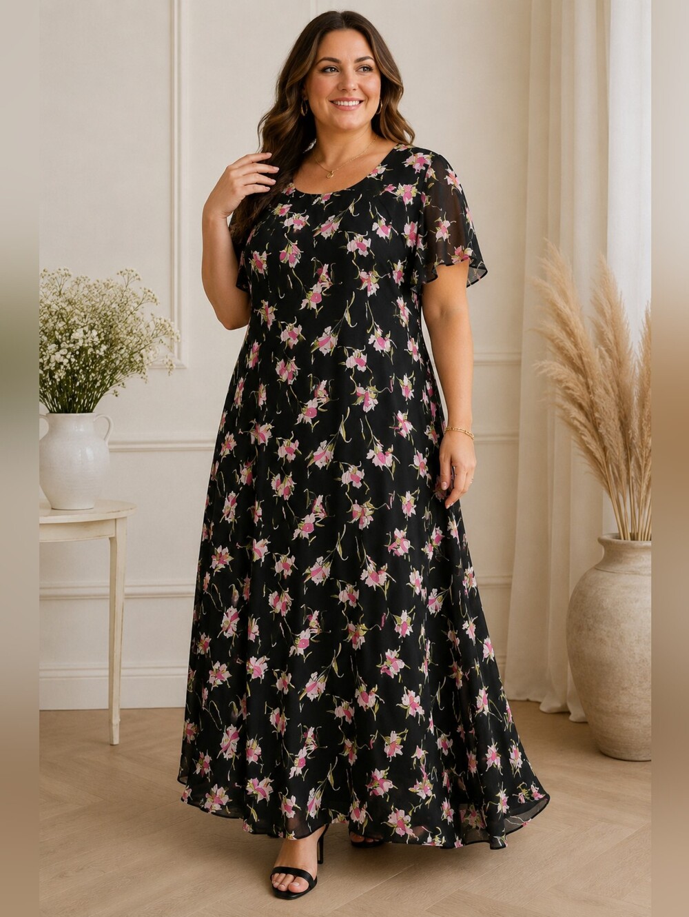 Jones New York Woman 100% Silk Floral Maxi Dress 14W Black Pink
